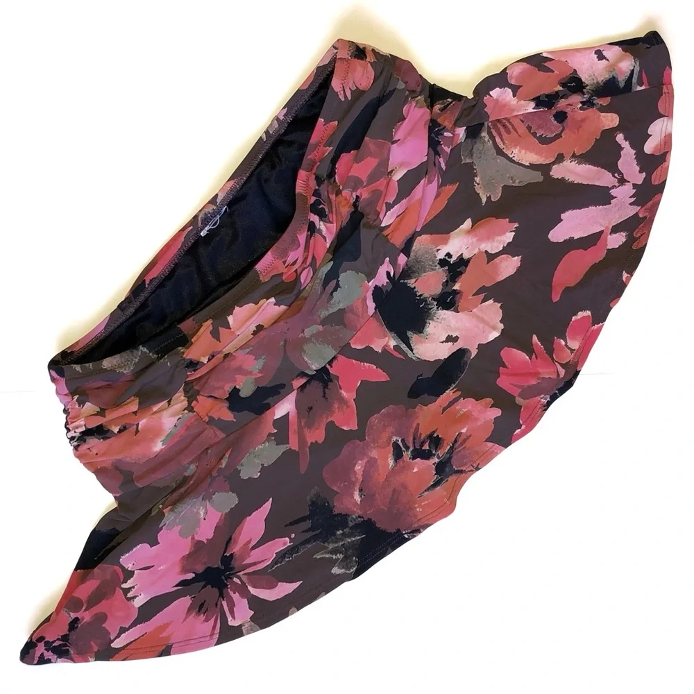 Lands End Swim Coral Pink Tankini and Brown Floral Swim Skirt 4P 4 Petite